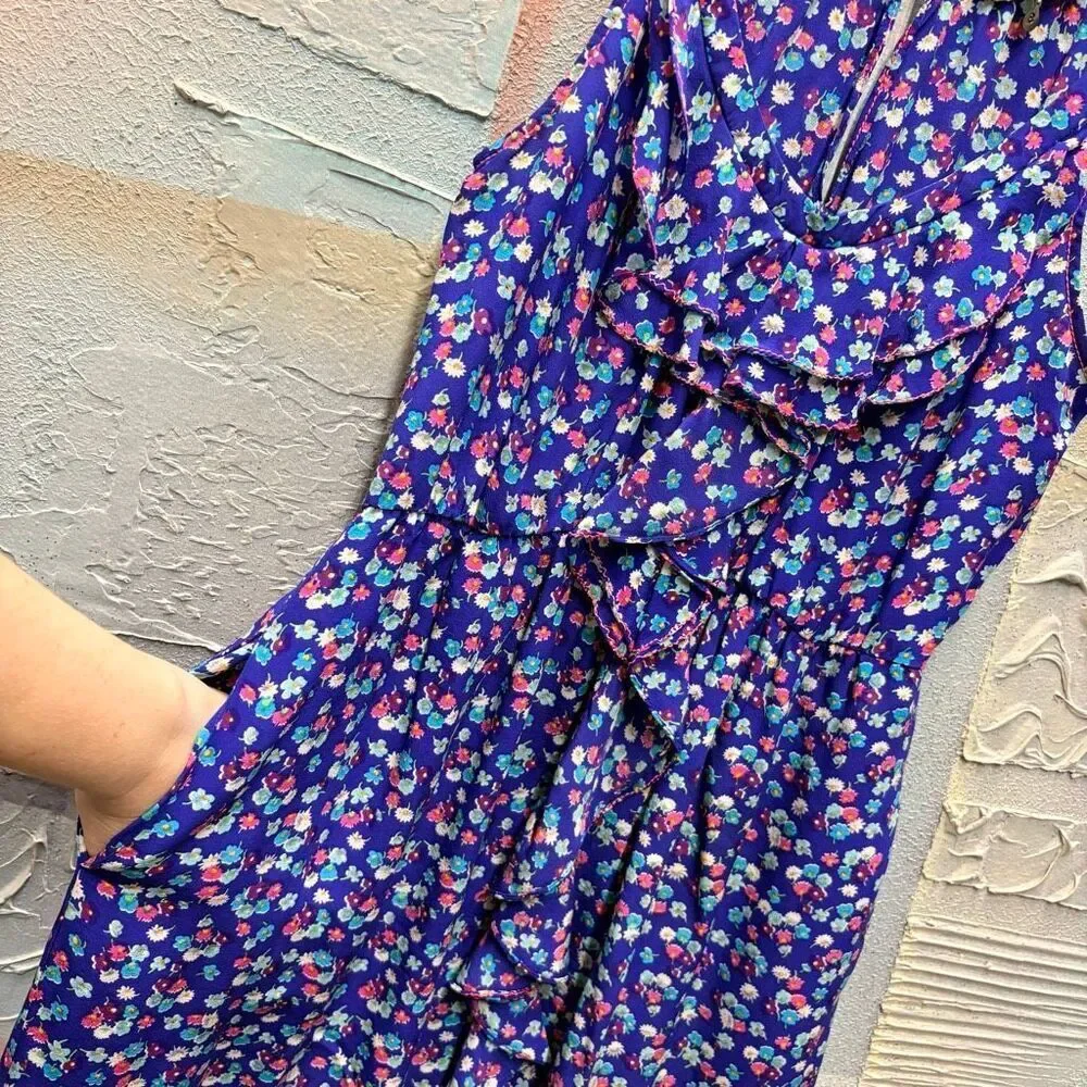 Rebecca Taylor 8 Blue Pink Floral Silk Spaghetti Strap Dress Preppy Luxury Artsy